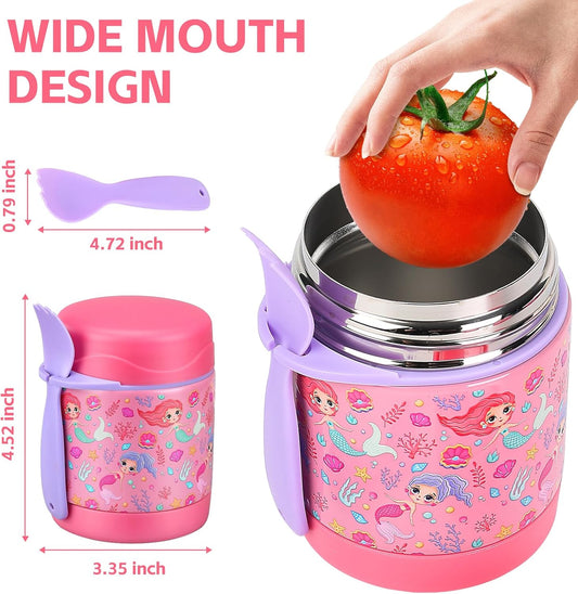 10oz Soup Thermo for Hot Food Kids Insulated Food Jar,Thermo Hot Food Lunch Container, Width Mouth Stainless Steel Lunch Box for Kids with Spoon (Pink-mermaid)