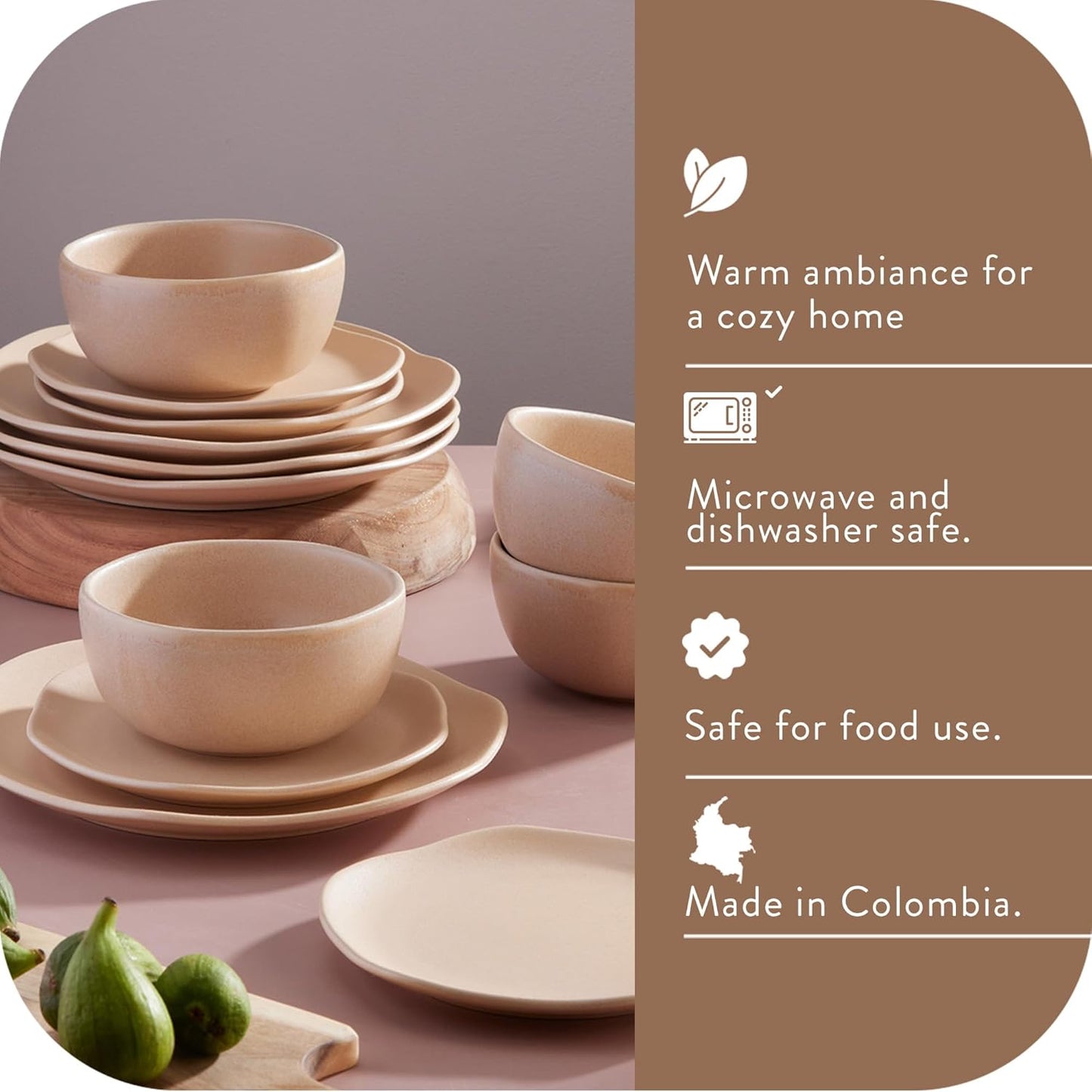 Corona Dinnerware Set 12–piece, Plates and Bowls Set, Ceramic Sets for 4, Microwave and Dishwasher Safe, Areia Modern Organic Shape.