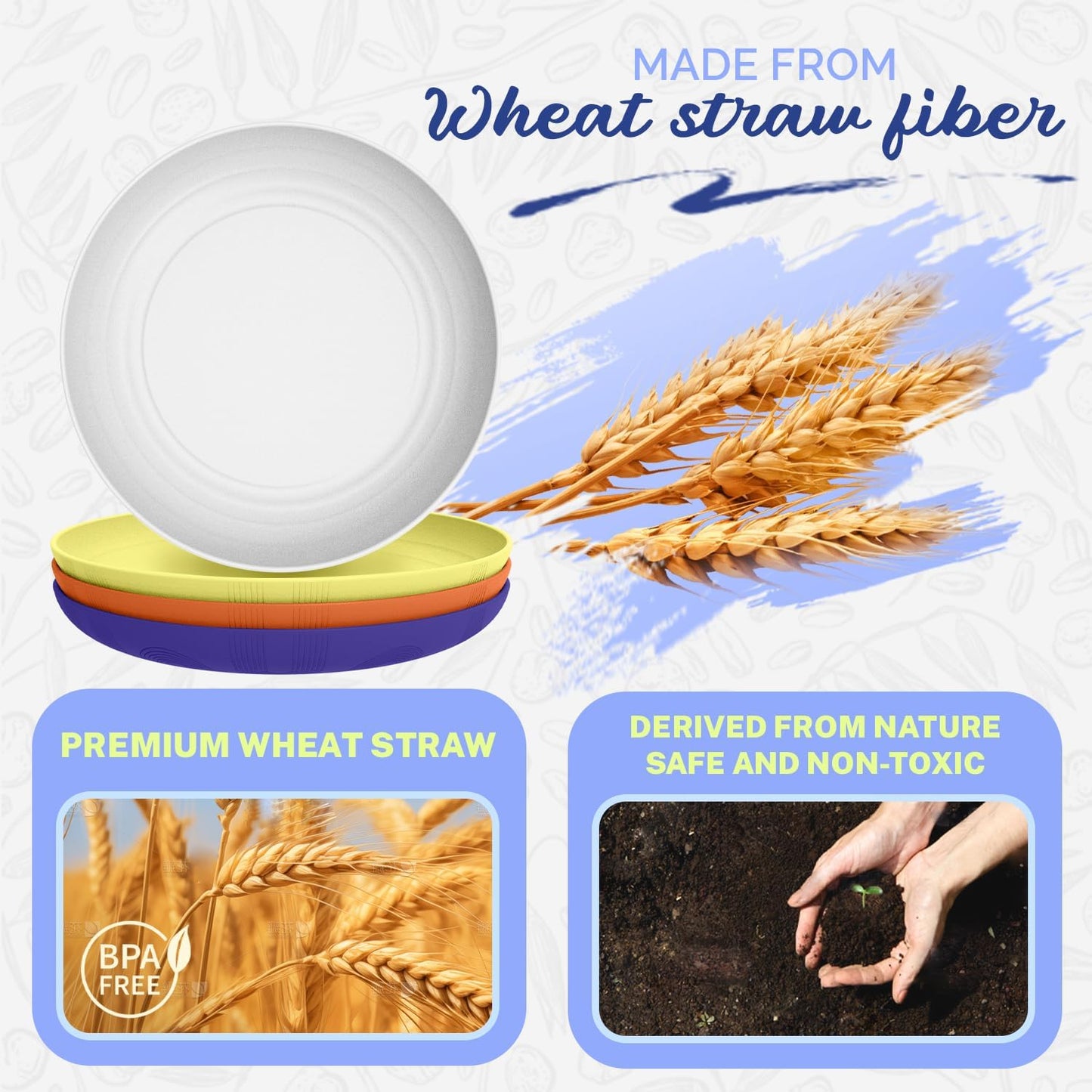 Homienly Deep Dinner Plate Wheat Straw Plates Set - 9 inch Alternatives to Plastic Plate Microwave Safe Plate with Textured Pattern, Unbreakable Plates for Kitchen Set of 4 - Mondrian Colors