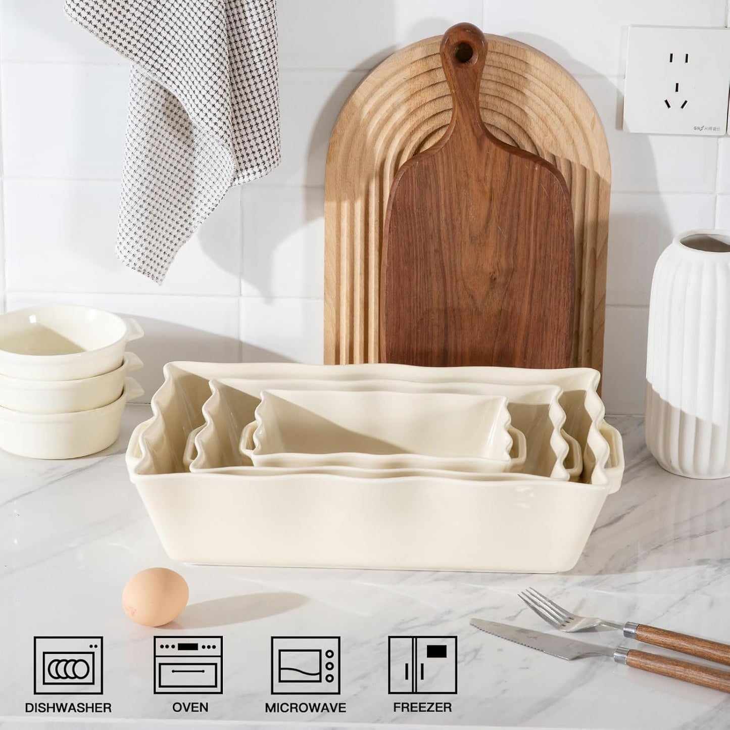 Sweejar Casserole Dishes for Oven, Ceramic Bakeware Set of 3, Rectangular Baking dish with Handles, Wave Edge Lasagna Pan Deep for Cooking, Cake, Dinner, Banquet and Daily Use (Beige)