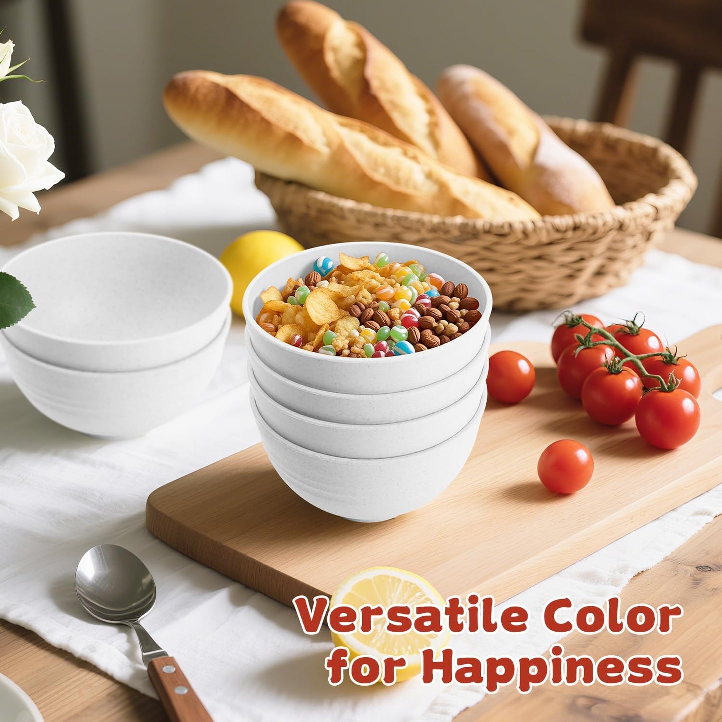 Wrova Handy Wheat Straw Bowls Set of 6,Unbreakable Ice-Cream Bowls Sets for Kids,10oz Small Dessert Bowls for Kitchen,Camping and RV.White Series