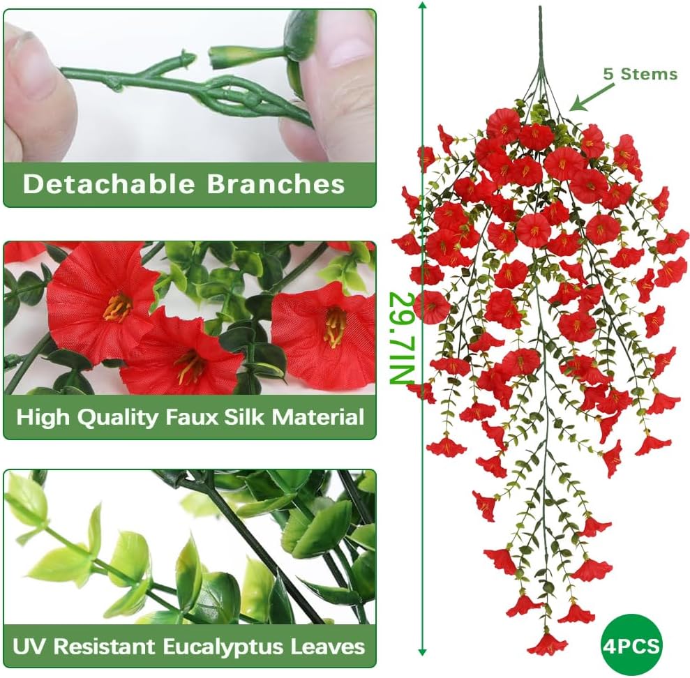 Jasion 4 Bundles Artificial Hanging Flowers Outdoor Realistic Morning Glory Silk Fake Plants UV Resistant for Porch Balcony Fence Decor (Red)