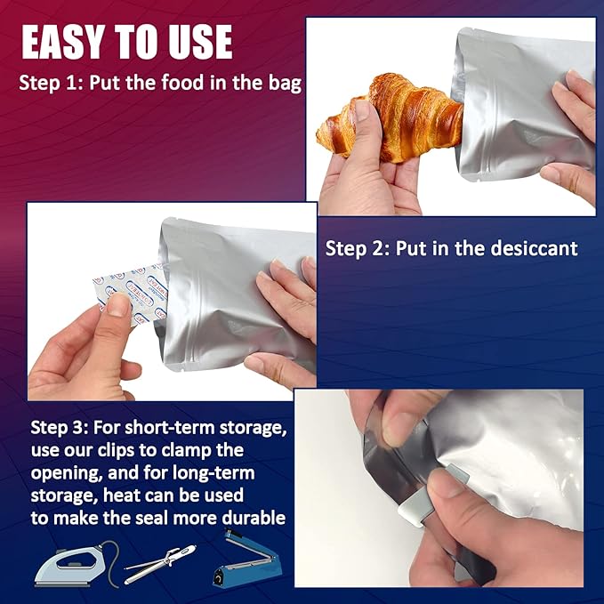 100 Pack 10.2 Mil Mylar Bags for Food Storage with Oxygen Absorbers 400cc (10 x 10 Packs) and 200 Pcs Color Labels - 10”*14” / 6”* 9” / 4.3”*6.3” Resealable Zipper Mylar Bag for Long Term Food Storage