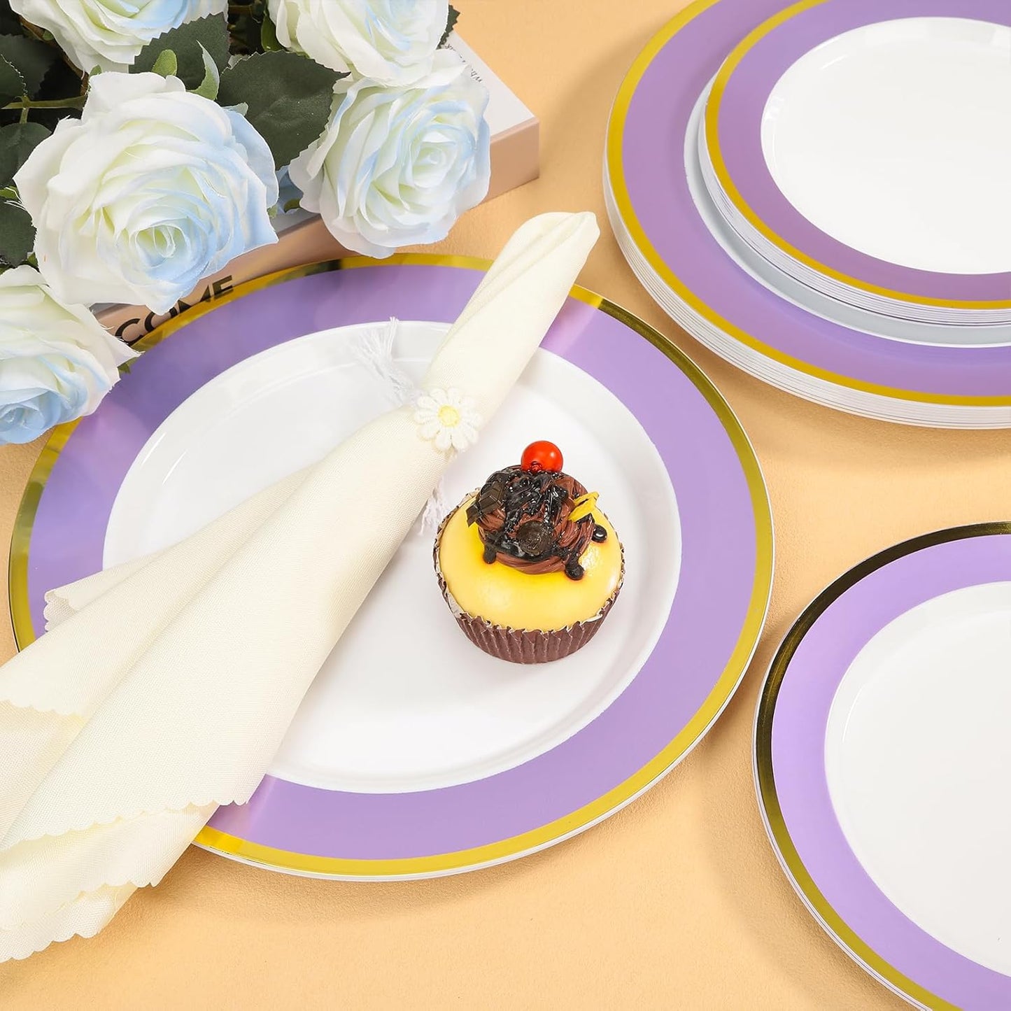 100PCS Purple Disposable Plastic Plates Include 50PCS 10.25inch Dinner Plate and 50PCS 7.5inch Dessert Plate Heavy Duty Plastic Dinnerware for Party Wedding Anniversary New Year