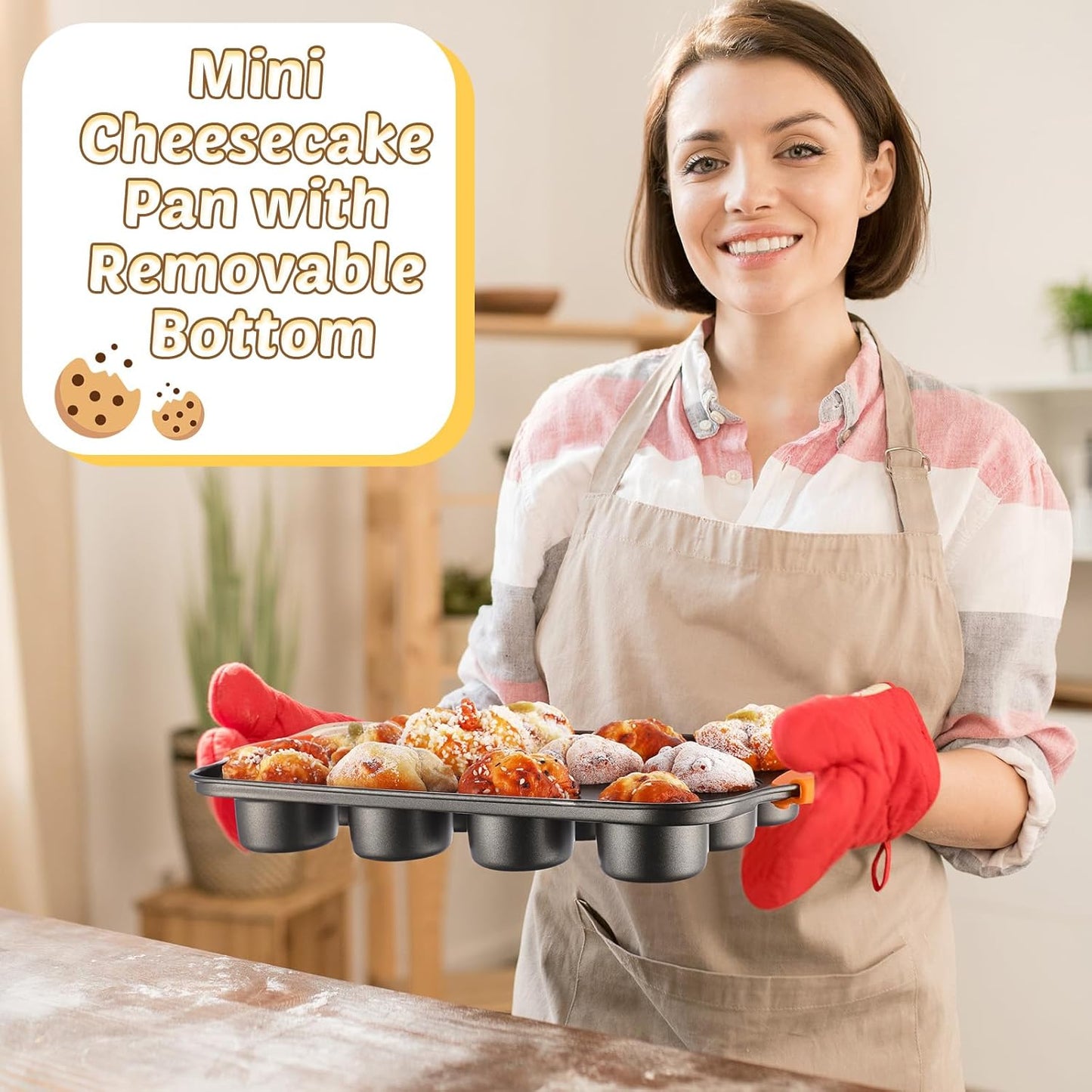 Uiifan 3 Pack Mini Cheesecake Pans Removable Bottom 12 Cavity Mini Cupcake Pan with Silicone Handle Nonslip Anti Heat Nonstick Carbon Steel Muffin Mold 13 x 8 Baking Molds(Orange)