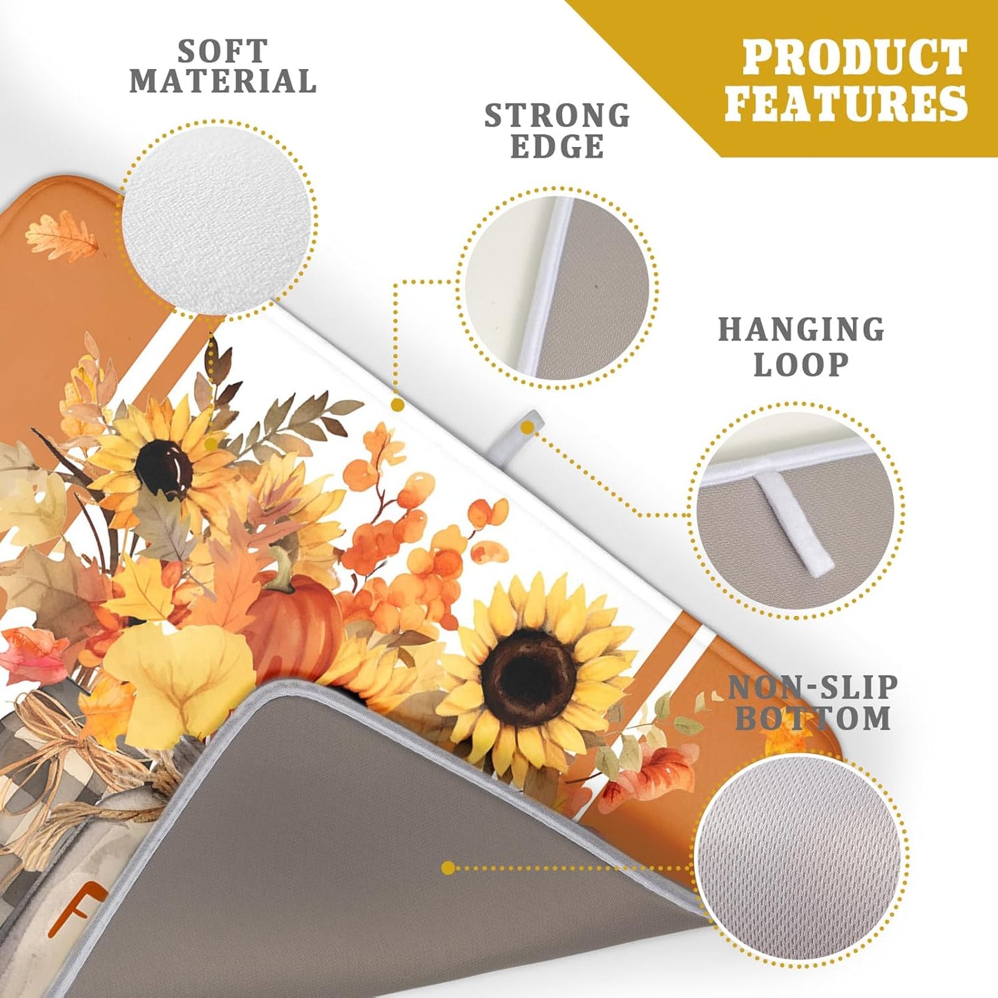 Fall Sunflower Dish Drying Mat 18x24 inch Autumn Leaves Pumpkin Vase Buffalo Plaid Dish Drainer Mat Machine Absorbent Reversible Washable Protector Pad for Kitchen Countertops and Sink