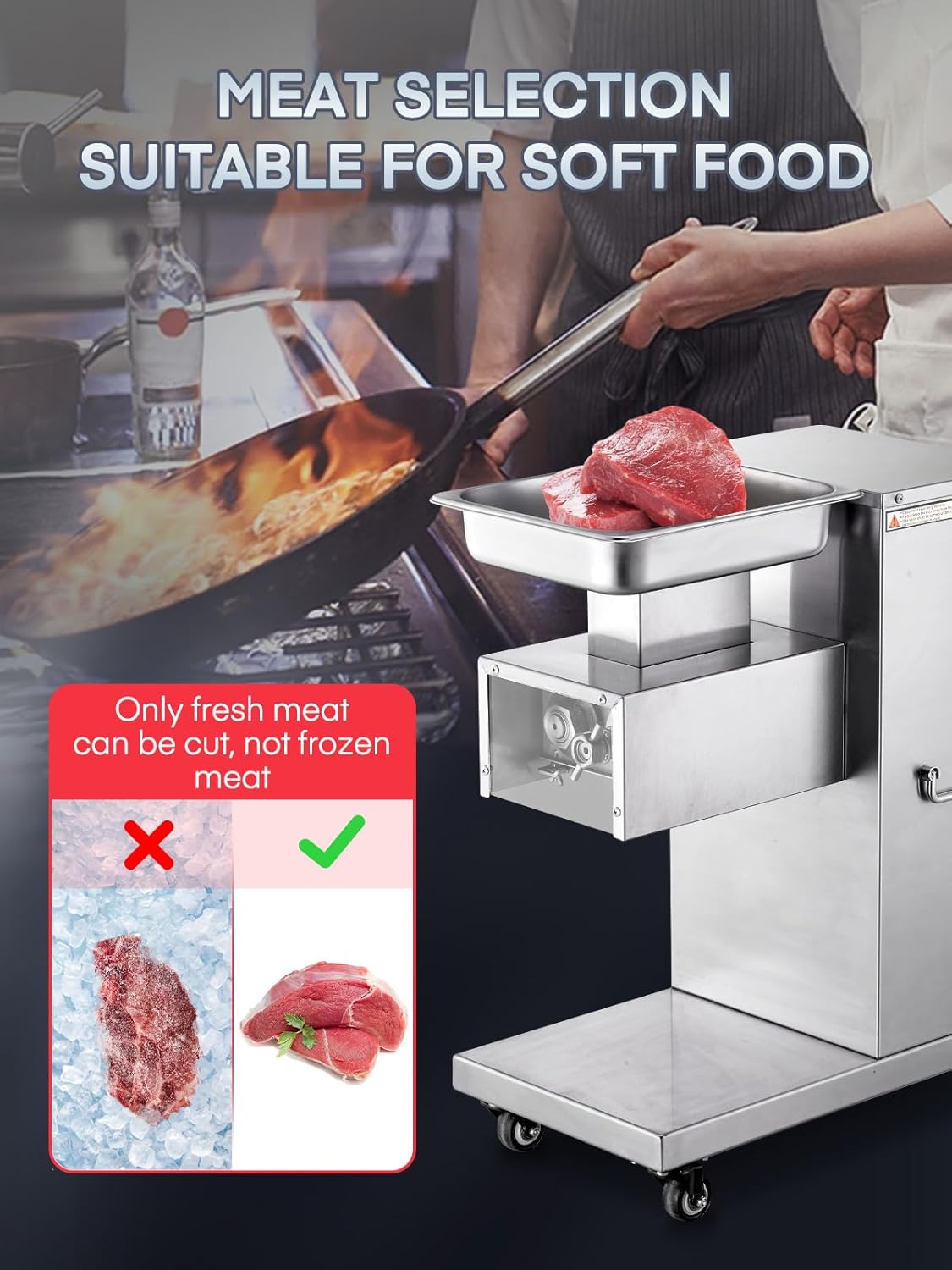 Meat Cutter Machine Commercial, Fresh Meat Slicer with 3 mm 2 Blades Removable, Meat Cutter with 1200Lbs/H 110V Stainless Steel