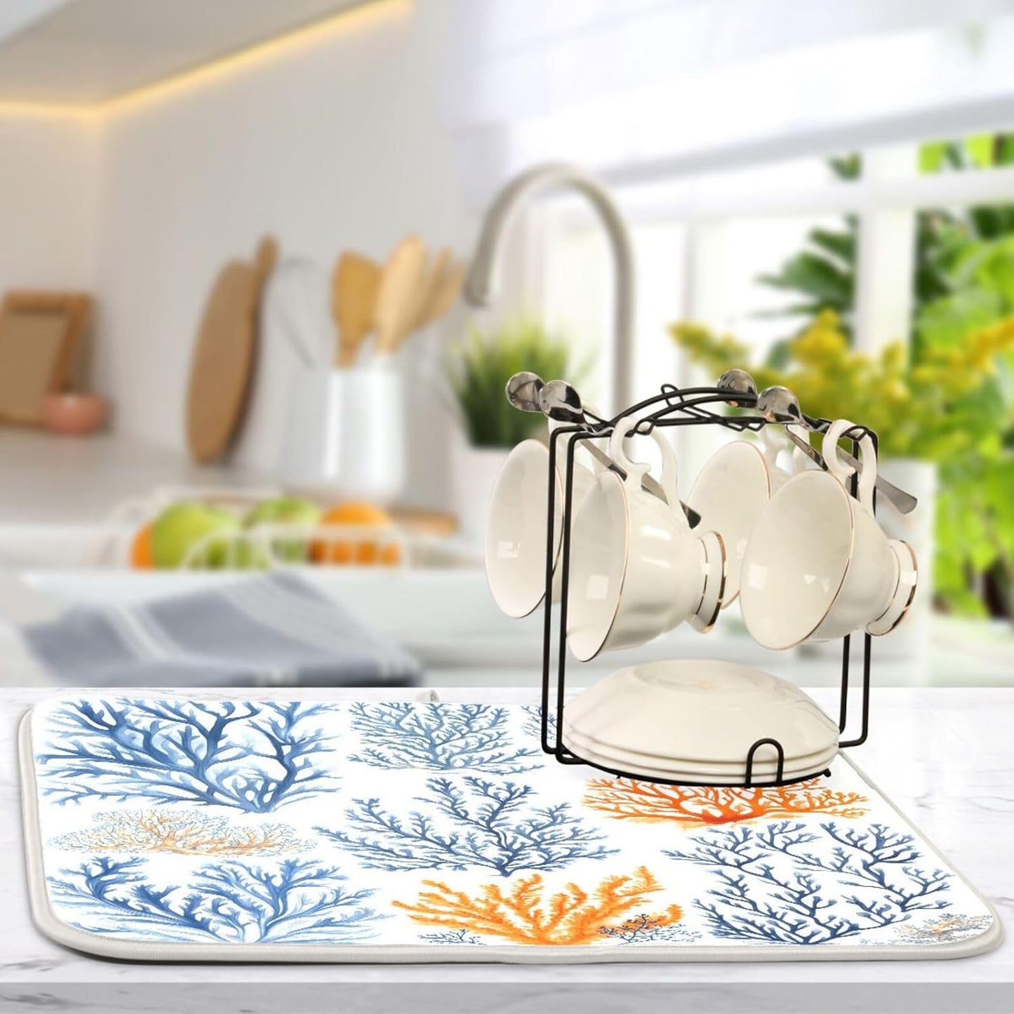 Coral and Seaweed Dish Drying Mat for Kitchen Counter Super Absorbent Dishes Pad Reversible Microfiber Protector Dish Draining Mats 16x18 inch