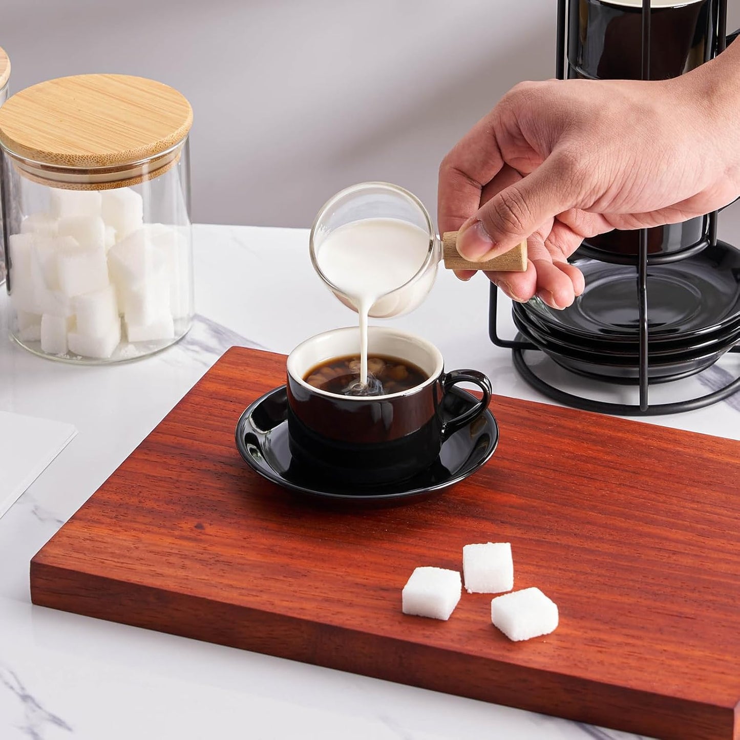 4oz Porcelain Stackable Espresso Cups with Saucers and Metal Stand Set of 4, Stackable Cappuccino Cups, Black Expresso Shots Cup Set for Coffee Drinks, Latte, Americano, Tea