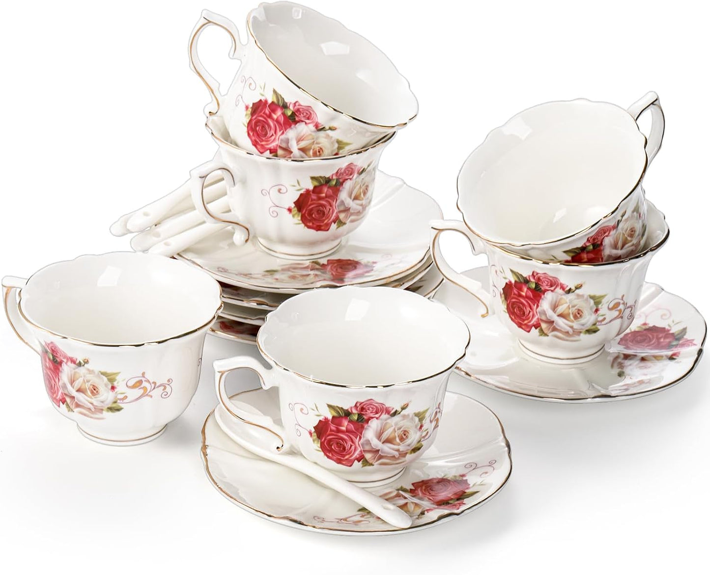 Foraineam Tea Cup and Saucer Set of 6, Porcelain Ivory Rose Tea Cups with Saucers and Spoons, 6 oz Floral Coffee Cup Set with Gold Trim, Latte Cups and Espresso Mug for Tea, Latte and Coffee Drinks