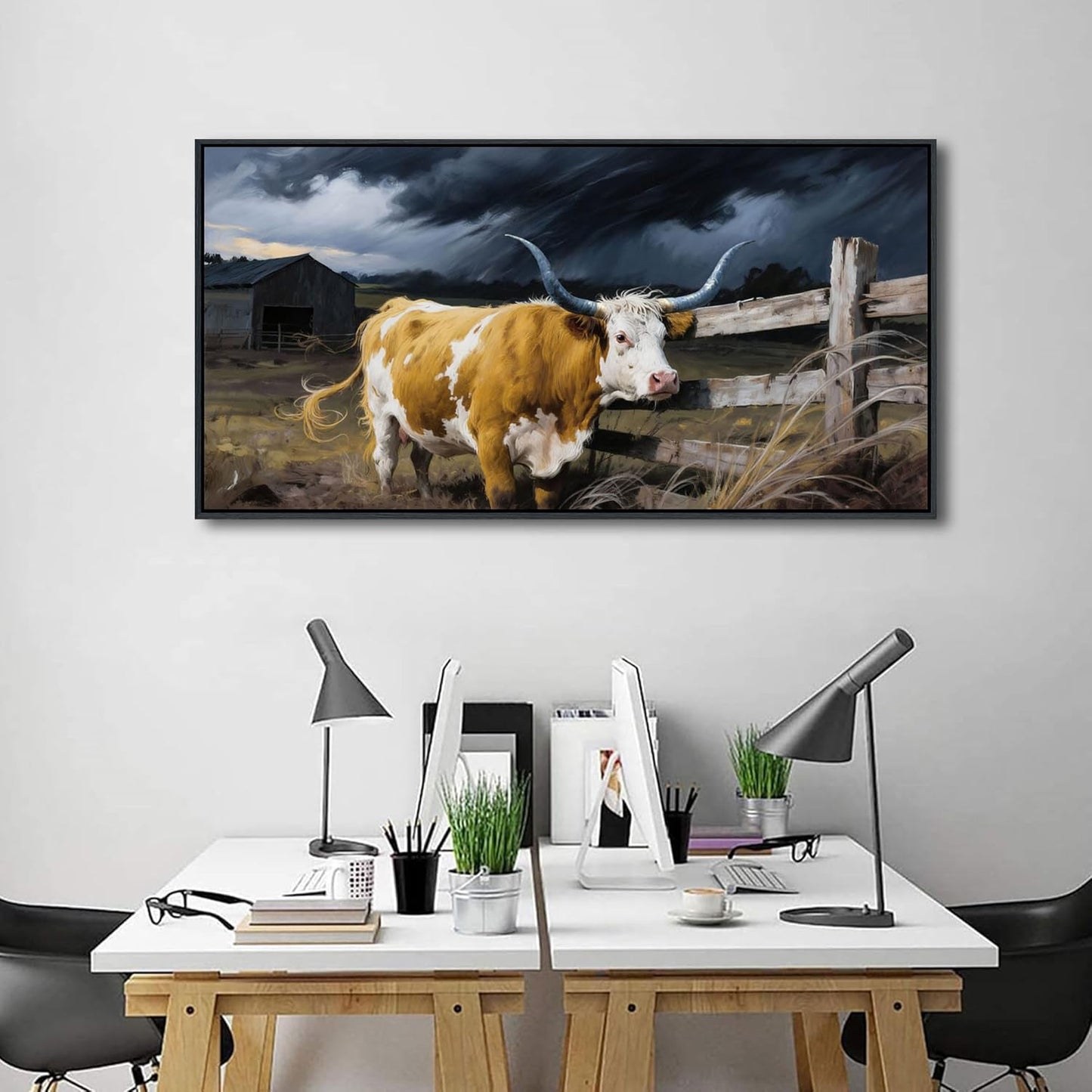 Highland Cow Wall Art - Rustic Pictures for Living Room,Framed Country Wall Decor, Vintage Artwork for Walls, Longhorn Cow wall Decor - Large Farmhouse Canvas for Bedroom 20×40IN