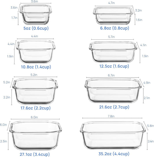 Vtopmart 8 Pack Glass Food Storage Containers with Airtight Lids, Glass Meal Prep Containers, Lunch Office Meal for Microwave, Oven, Freezer and Dishwasher, BPA Free