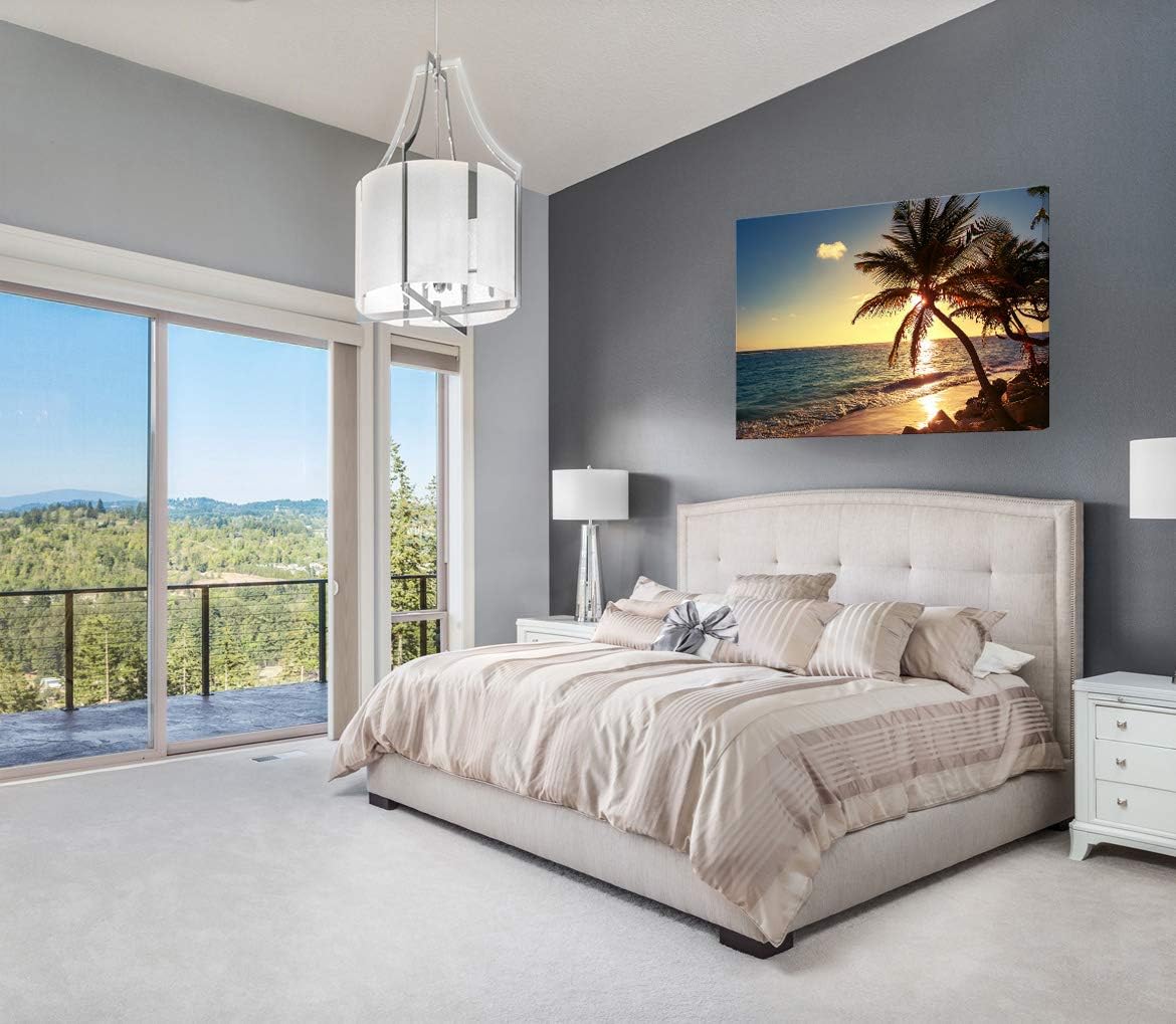 Muolunna S04969 Wall Art Decor Large Canvas Print Picture Sunset Ocean Beach Waves 1 Panel Coconut tree Scenery Painting Artwork for Office Home Decoration Stretched and Framed Ready to Hang XLarge