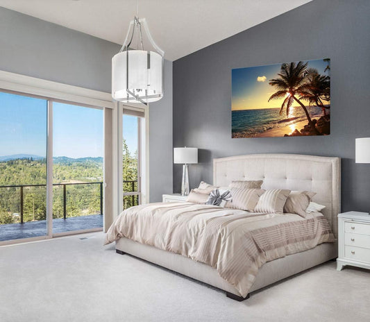 Muolunna S04969 Wall Art Decor Large Canvas Print Picture Sunset Ocean Beach Waves 1 Panel Coconut tree Scenery Painting Artwork for Office Home Decoration Stretched and Framed Ready to Hang XLarge