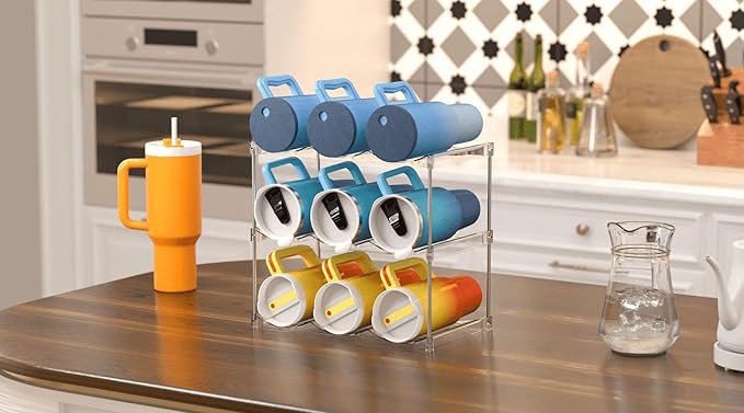 IEEK 3 Tier Stackable Wine and Water Bottle Holder Free-Standing Fridge Wine Bottle Organizers Clear Plastic Water Bottle Holder for Cabinet,Refrigerator,Pantry,Kitchen Countertops,Holds 9 Bottles