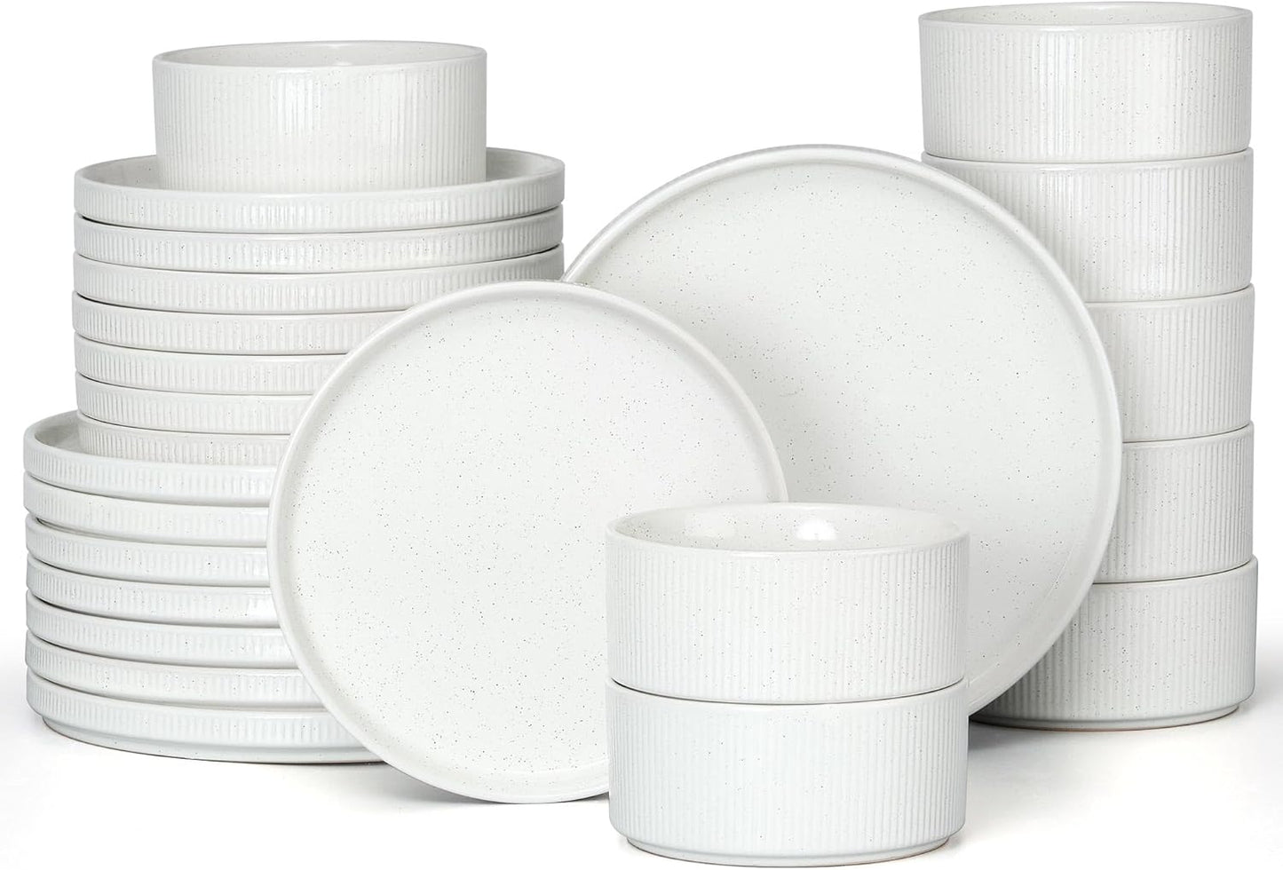 E-far 24-Piece Stoneware Dinnerware Sets, Plates and Bowls Sets for 8, Kitchen Modern Dinning Porcelain Dishes Set, Chip & Scratch Resistant, Dishwasher & Microwave Safe, Speckled White