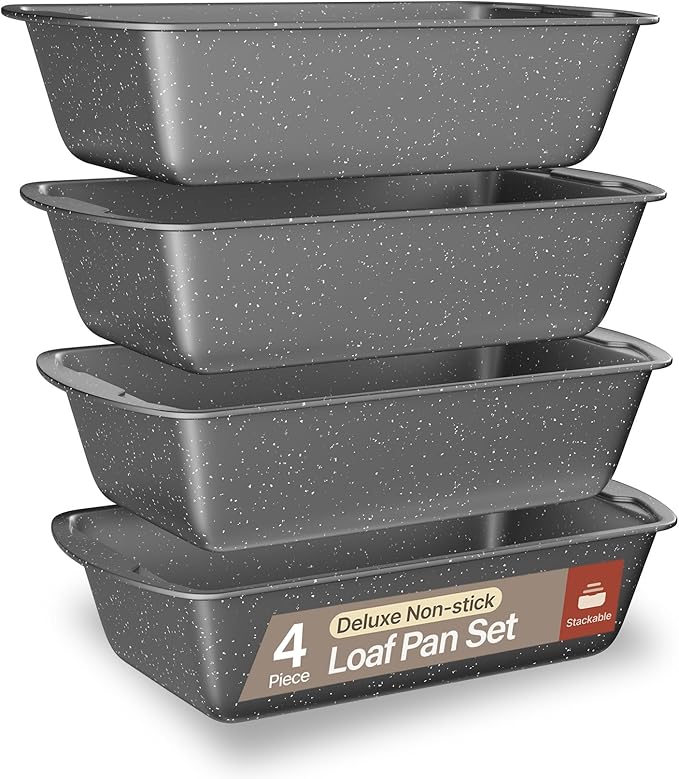Nonstick Loaf Pan Set Pack of 4, Carbon Steel 11" Large Baking Bread Pan, Oven Safe Up to 450°F, PFOA, PFOS, PTFE Free, Space Saving Stackable Design, Stain Resistant, Dishwasher Friendly, Gray Marble