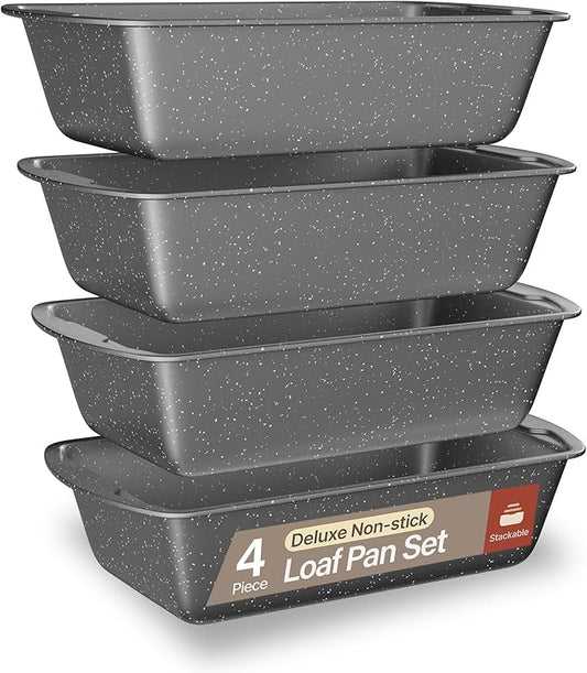 Nonstick Loaf Pan Set Pack of 4, Carbon Steel 11" Large Baking Bread Pan, Oven Safe Up to 450°F, PFOA, PFOS, PTFE Free, Space Saving Stackable Design, Stain Resistant, Dishwasher Friendly, Gray Marble
