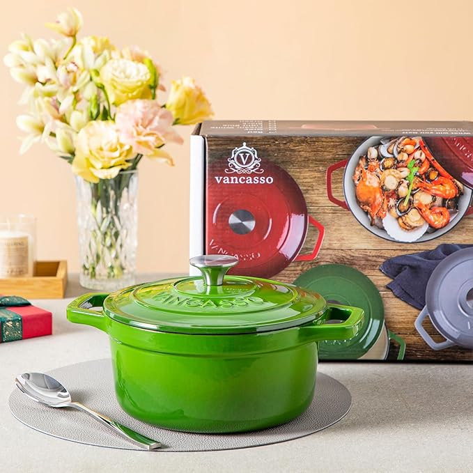 vancasso Enameled Cast Iron Dutch Oven, 2.5 QT Green Naturally Non-Stick Casserole Dish Cookware, with Stainless Steel Knob Lid Cast Iron Casserole for Steam Braise Bake Broil Saute Simmer Roast
