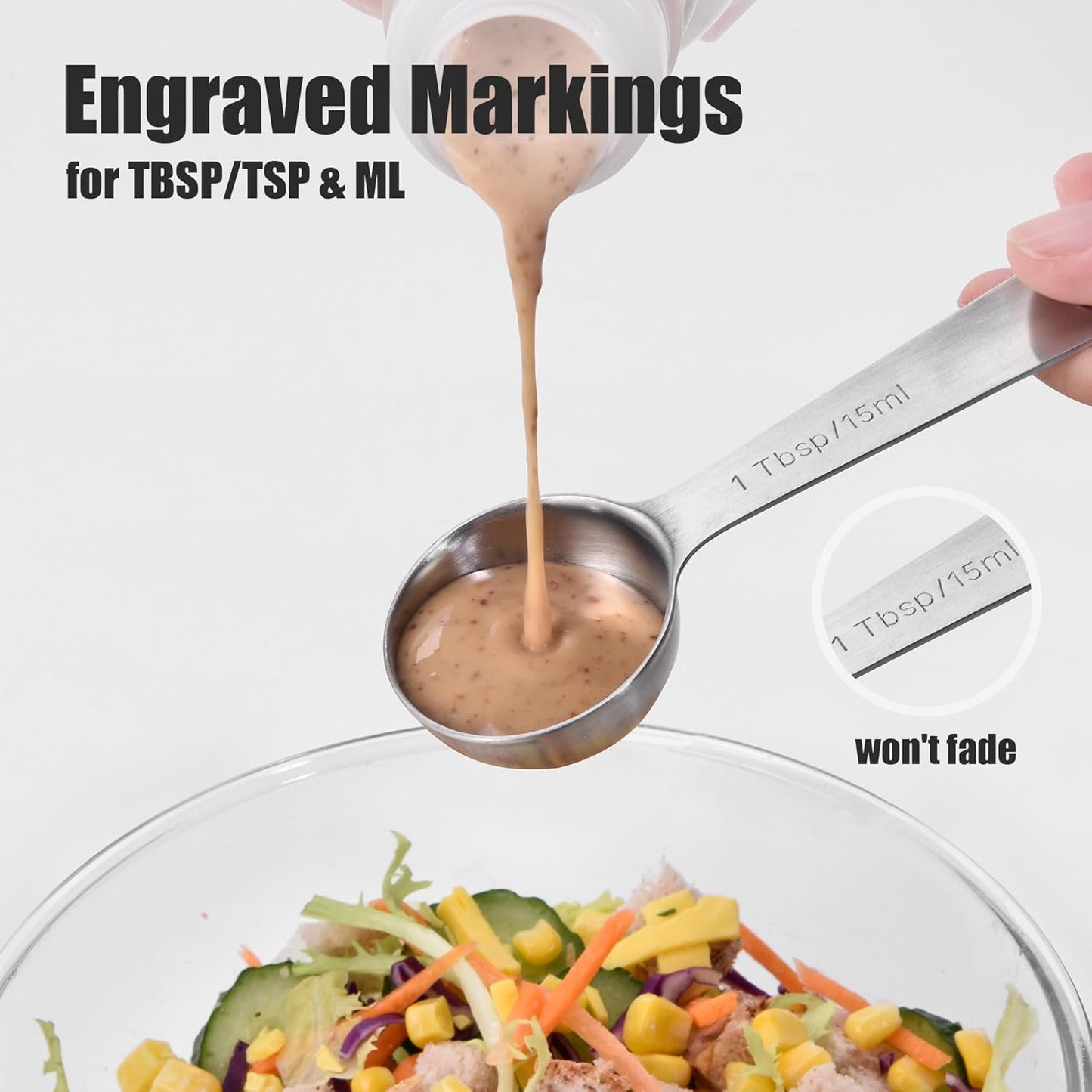 Doosu Measuring Spoons Set of 6-18/8 Stainless Steel Heavy Duty Teaspoons Tablespoons with Engraved Metric & US Measurements, Metal Measure Spoon for Dry and Liquid Ingredients, Dishwasher Safe