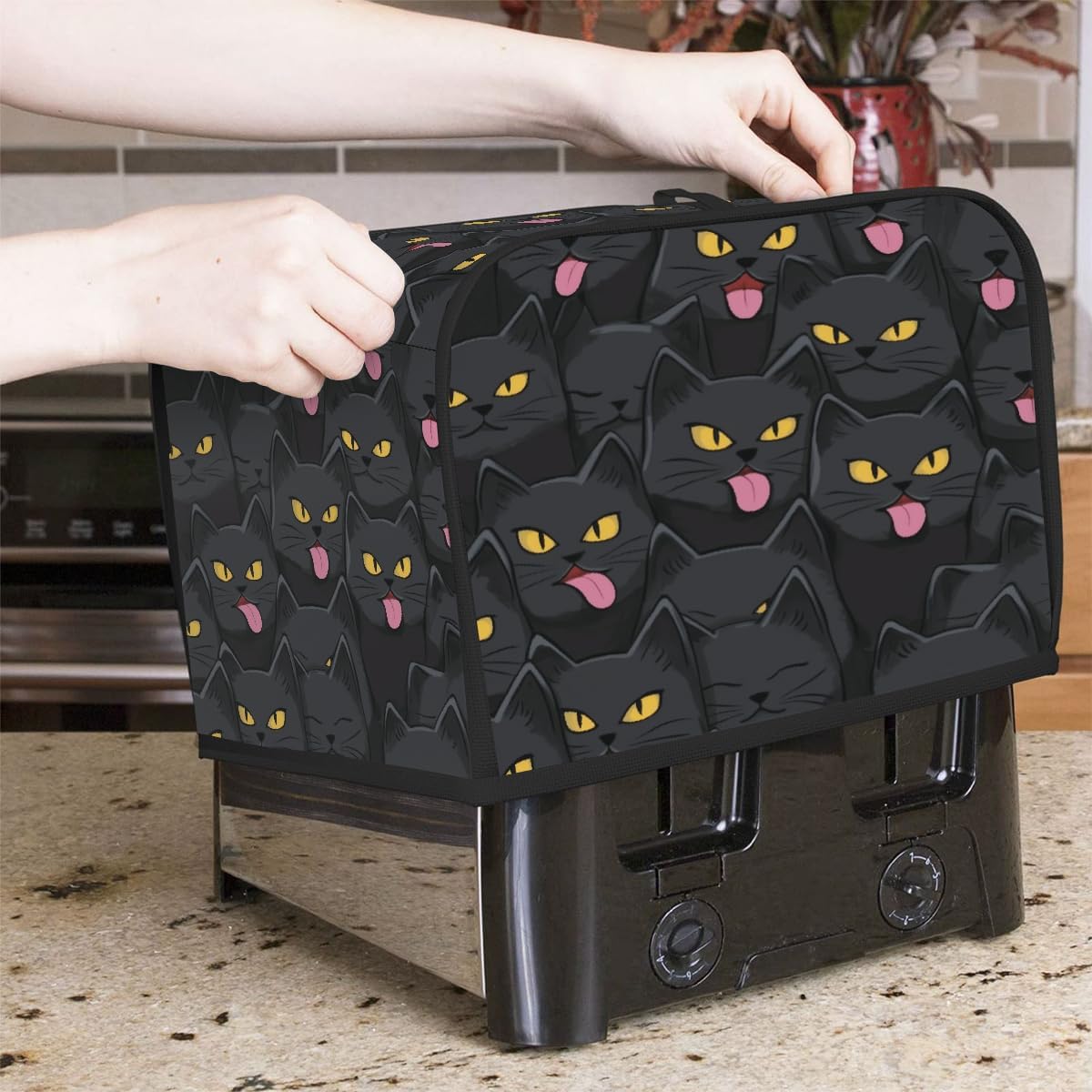 4 Slice Toaster Cover,Halloween Black Cat Eyes Small Kitchen Appliance Bread Machine Cover with Pockets,Dust & Fingerprint Protection