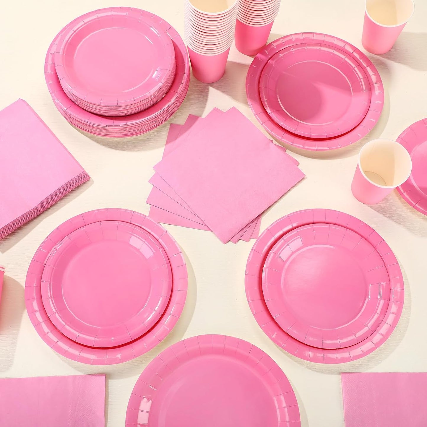 Tioncy 200 Pcs Disposable Paper Plates Cups and Napkins Party Supplies Serve 50 Guests Disposable Paper Dinnerware Set for Halloween Birthday Wedding Baby Shower Family Picnic(Pink)