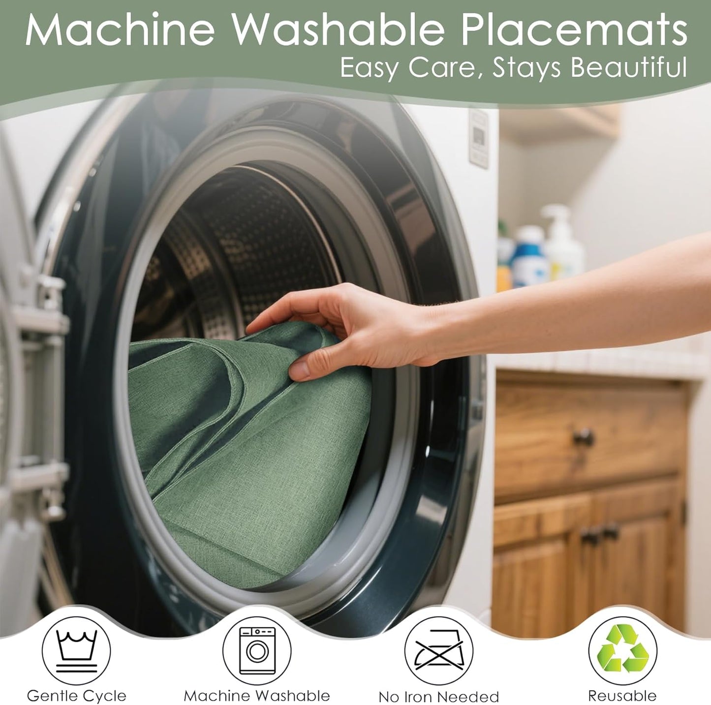 MANSPHIL Sage Green Cloth Placemats Set of 6, Double Layer Faux Linen Place Mats Heat Resistant Washable Table Mats for Dining Kitchen, 13x19 Inch