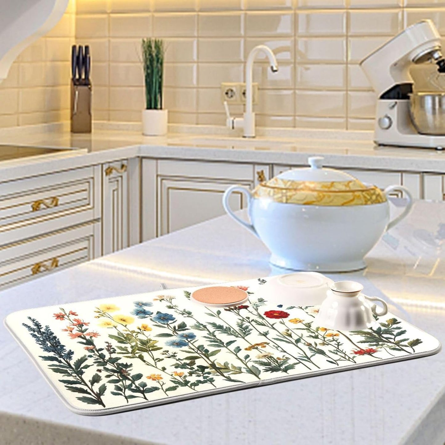 Vintage Plants and Colorful Flowers Dish Drying Mat for Kitchen Counter Super Absorbent Dishes Pad Reversible Microfiber Protector Dish Draining Mats 18x24 inch