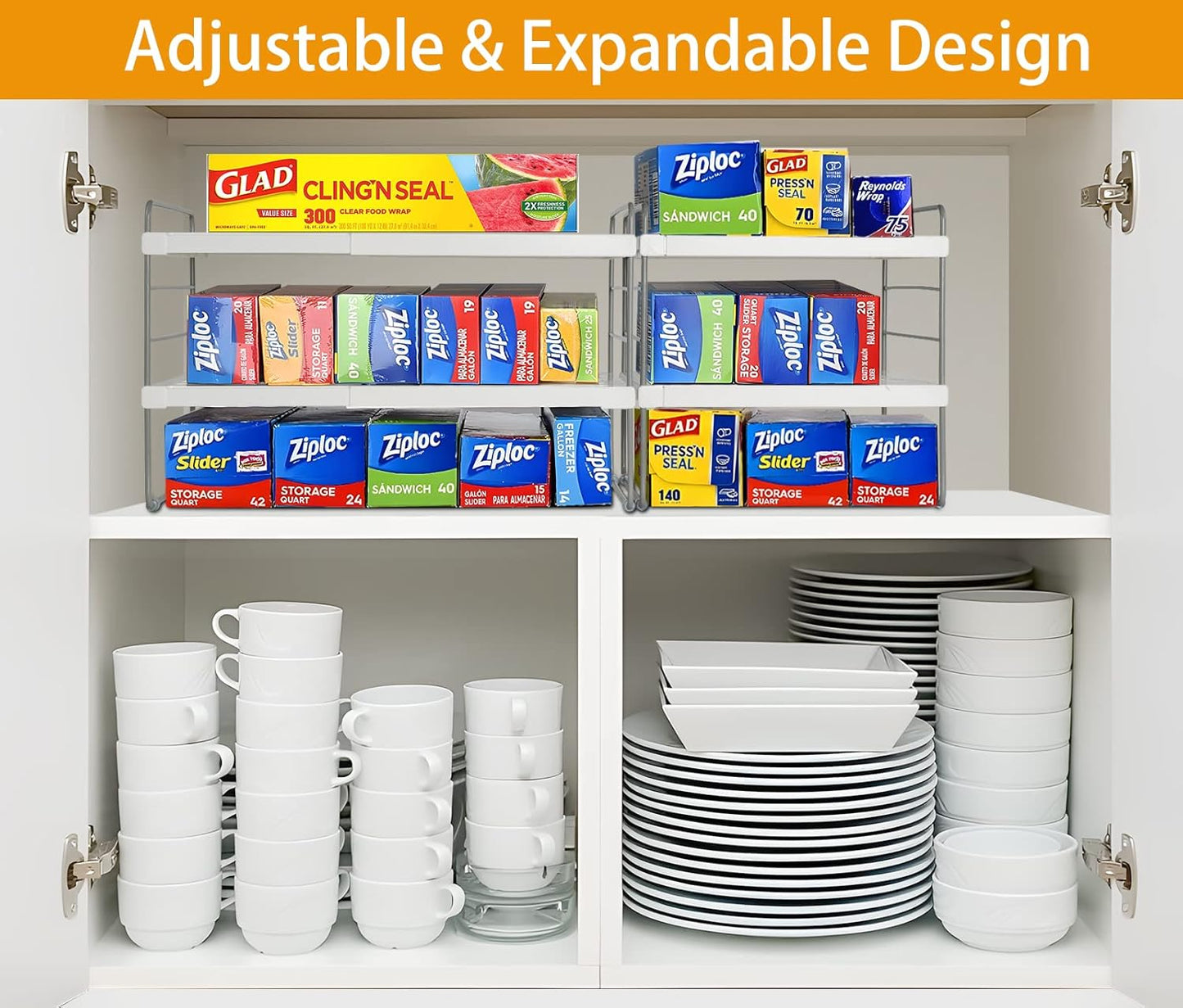 2 Pack Pantry Organization and Storage, Expandable Foil and Plastic Wrap Organizer, Adjustable Kitchen Wrap Organizer Rack for Cabinet, Foil Saran Wrap Holder Shelf for Sandwich Plastic Bags Box,