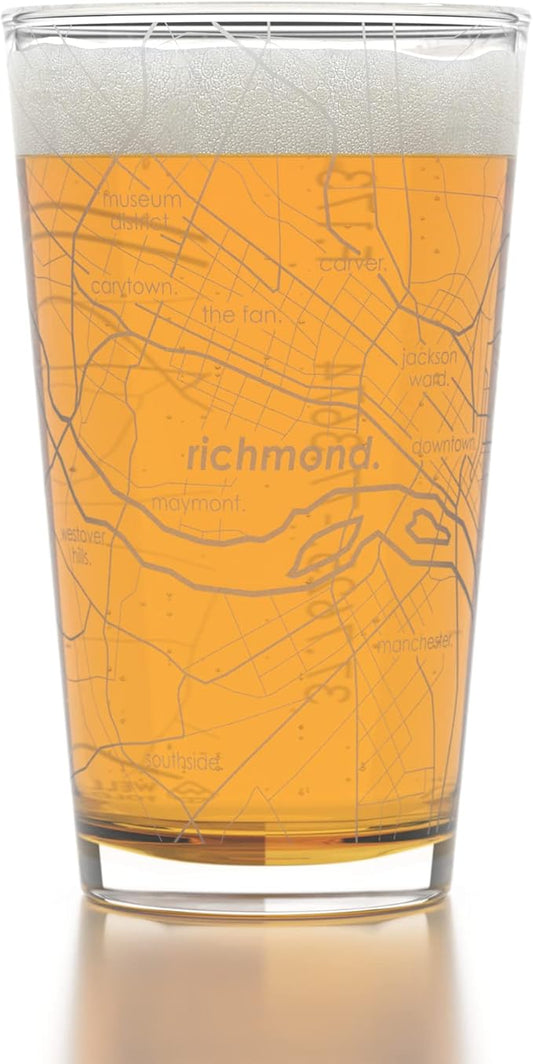 Well Told Engraved Richmond Virginia Map Pint Glass, Etched Beer Gift (16 oz, Clear) City Map Pint, Custom City Glassware, Gifts For Beer Lovers