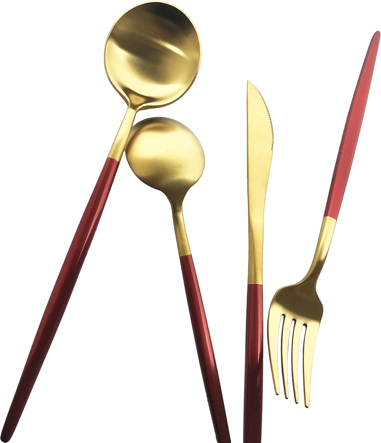 Silverware Set, Hand polished Matte Gold Red Flatware Cutlery Set Service for 2, Satin Finish 10 Pieces 18/10 Stainless Steel Utensils Set for Home and Restaurant, Dishwasher Safe