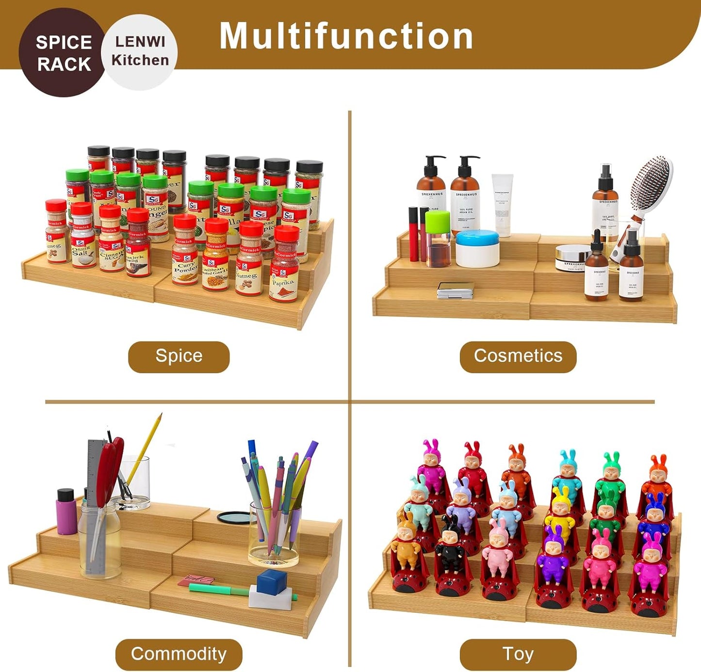 Spice Rack Organizer for Cabinet, 3 Tier Expandable Bamboo Spice Storage, Great for Kitchen Cabinet, Cupboard,Pantry and More