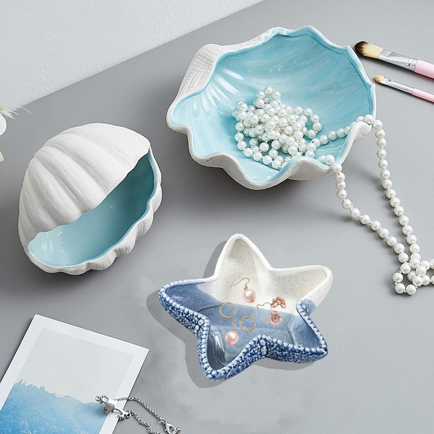 Starfish Jewelry Dish Tray, Ceramic Ring Holder for Jewelry, Trinket Tray Candy Dishes, Jewelry Tray Jewelry Plate Small Key Bowl for Entryway Table Birthday Home Party Decor (D STYLE)