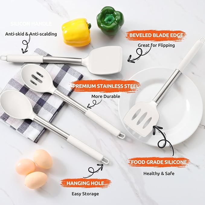 E-far Cooking Utensils Set of 4, Silicone Kitchen Utensils for Non-stick Cookware, Heat Resistant & Non-toxic Slotted Spatula Solid Spoon Turner for Flipping Mixing Serving Basting(White)