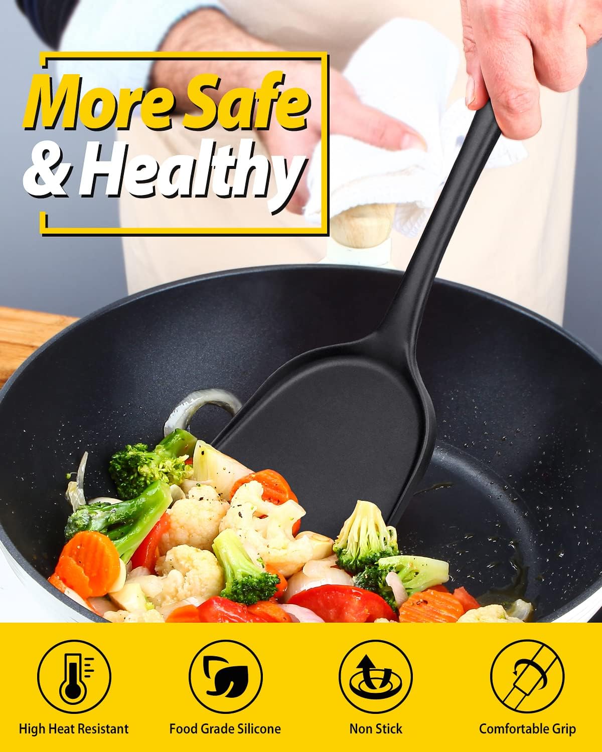 Pack of 2 Silicone Wok Spatula, Non-Stick, Heat Resistant, Easy to Clean and Dishwasher Safe, Seamless Kitchen Utensil for Cooking, Baking, Stir-Fry (Black)