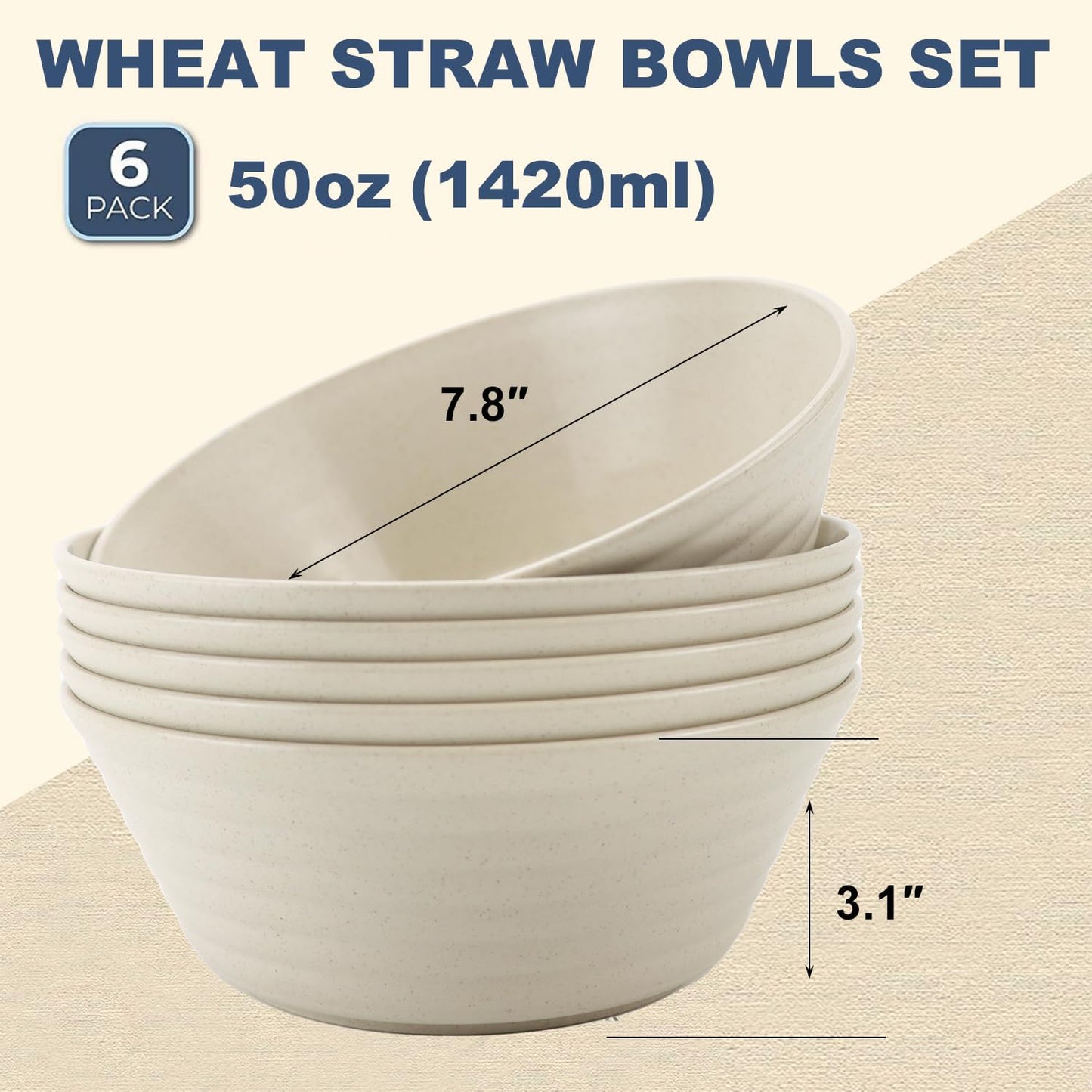 Wrova Wheat Straw Bowl Sets,6 PCS Unbreakable Cereal Bowl 50 OZ,Microwave and Dishwasher Safe Bowls,Super Big Bowl Sets BPA Free for Serving Cereal,Oatmeal and Salad (Beige)