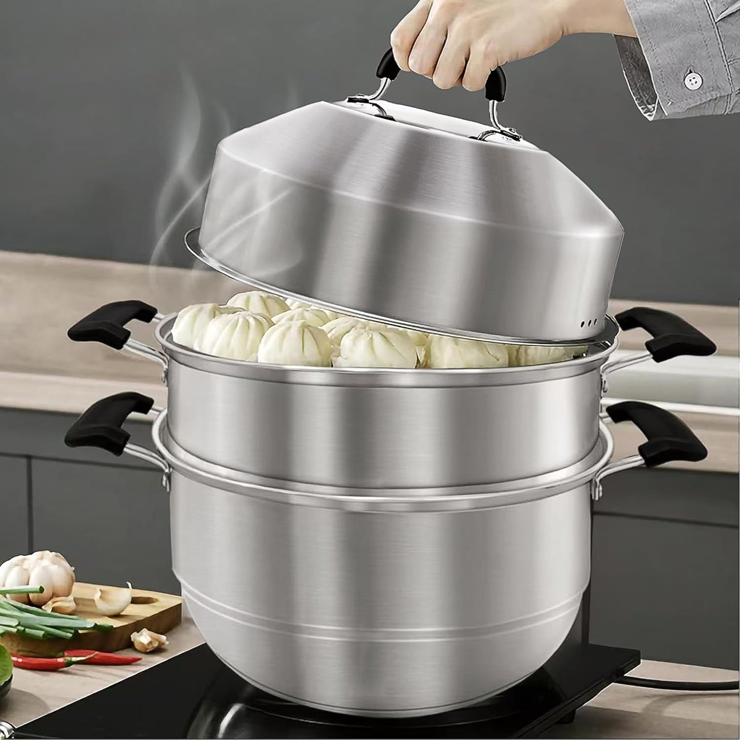 MANO Steamer Pot for Cooking 14.2 inch Steam Pots with Lid 2-tier Stainless Steel Steaming Pot Multipurpose Cookware with Handle for Vegetable, Dumpling, Stock, Sauce, Food…