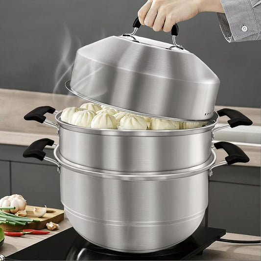 MANO Steamer Pot for Cooking 14.2 inch Steam Pots with Lid 2-tier Stainless Steel Steaming Pot Multipurpose Cookware with Handle for Vegetable, Dumpling, Stock, Sauce, Food…