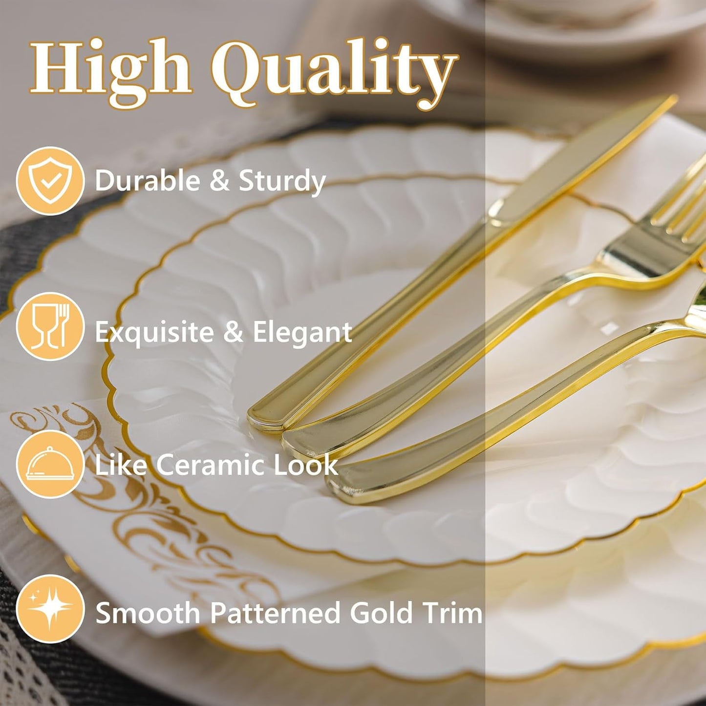 Lullaby 140PCS Elegant Disposable Dinnerware Set – 40 Ivory Scalloped Gold-Trim Plates (20 Dinner, 20 Dessert), 40 Forks, 20 Spoons, 20 Knives & 20 Napkins – Fancy Plastic Plates for 20 Guests