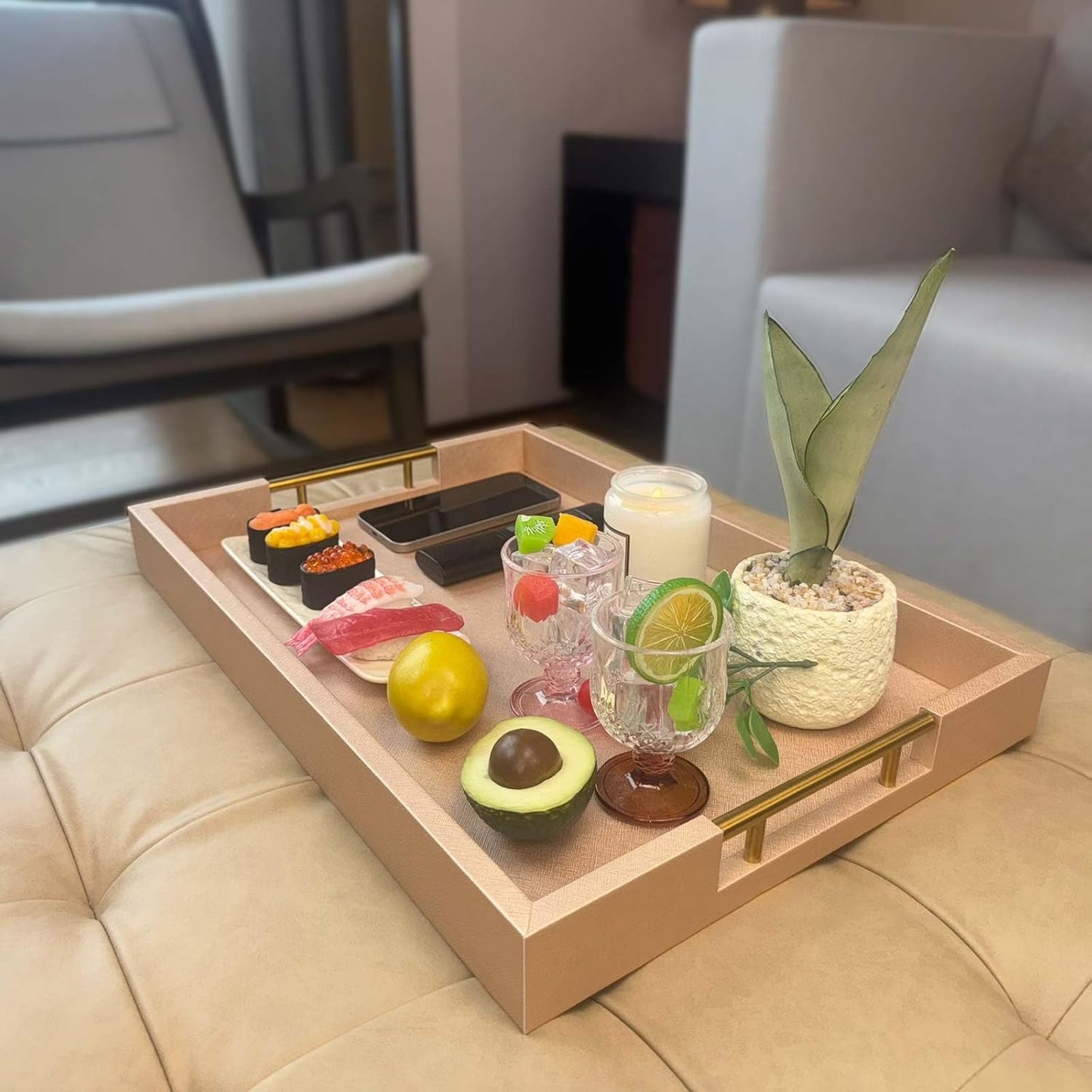 14x20 Inches Champagne Faux Leather Wrapped Wood Serving Tray with Metal Handles for Various Occasions, Ottoman, Home Decorative, Living Room, Coffee Table Organizer, Serving Breakfast On Bed