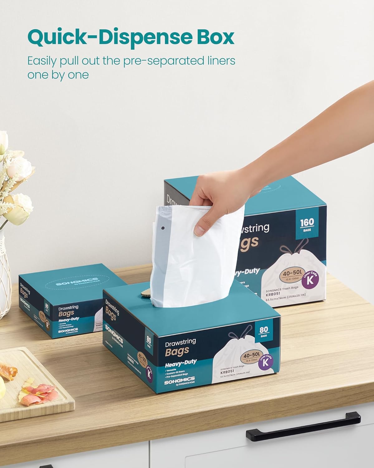 SONGMICS Trash Bags for 13-Gallon (50 L) Trash Cans, Drawstring Kitchen Garbage Bags, Pre-Separated, Quick-Dispense Box, Liner Code K, 2 Rolls, 80 Count, White UKRB051A02