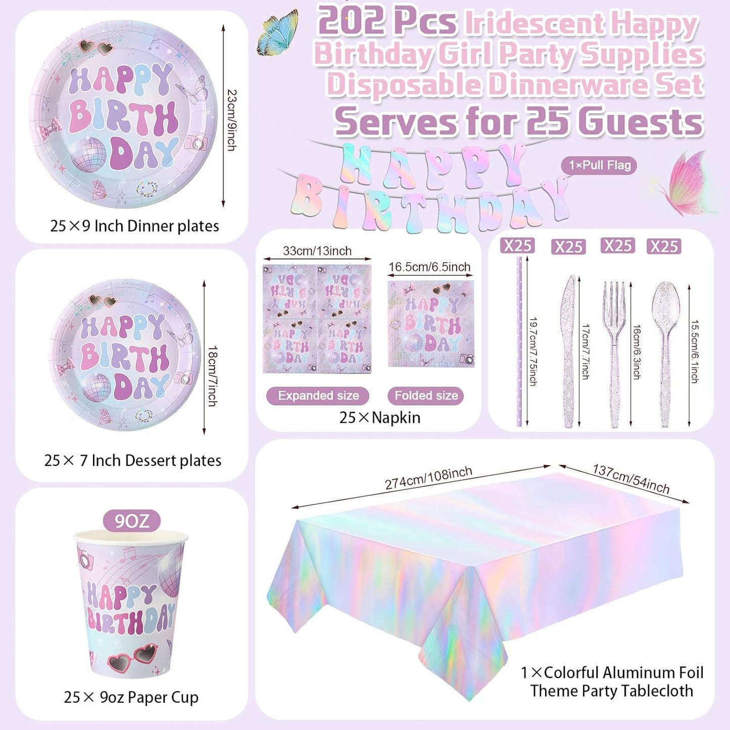 Sawysine 202 Pcs Iridescent Happy Birthday Party Supplies Disposable Dinnerware Set 50 Plates 25 Cups 25 Napkins 25 Plastic Forks 25 Knives 25 Spoons 25 Straw Flag Tablecloth to Serve 25 Guests