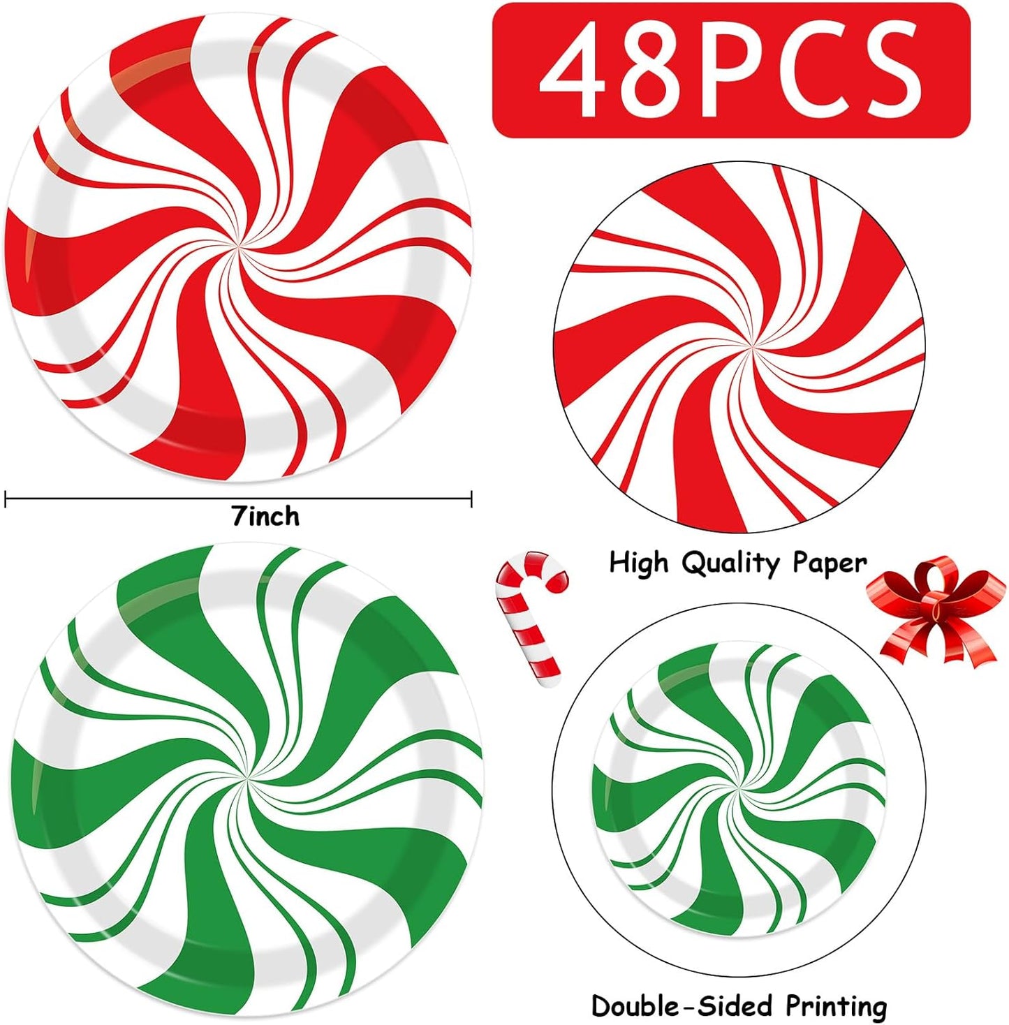 48Pcs Christmas Peppermint Candy Paper Plates Christmas dessert Cake Plates Candy Mint Happy New Year Disposable Party Supplies Set Holiday Xmas Peppermint Red Green Striped Decorations 7Inch