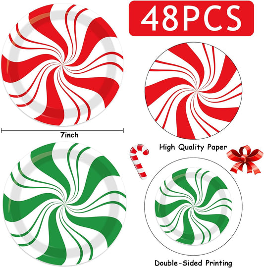 48Pcs Christmas Peppermint Candy Paper Plates Christmas dessert Cake Plates Candy Mint Happy New Year Disposable Party Supplies Set Holiday Xmas Peppermint Red Green Striped Decorations 7Inch