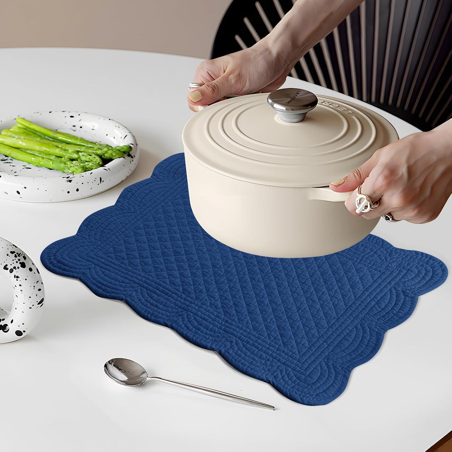 6 PC Quilted Placemats, 18"X13"Extra Large Cotton Placemats Set of 6, 100% Cotton Fabric Washable Cloth Table Mats for Kitchen & Dining Table - Soft &Easy Clean(Sapphire Blue, Rectangular)