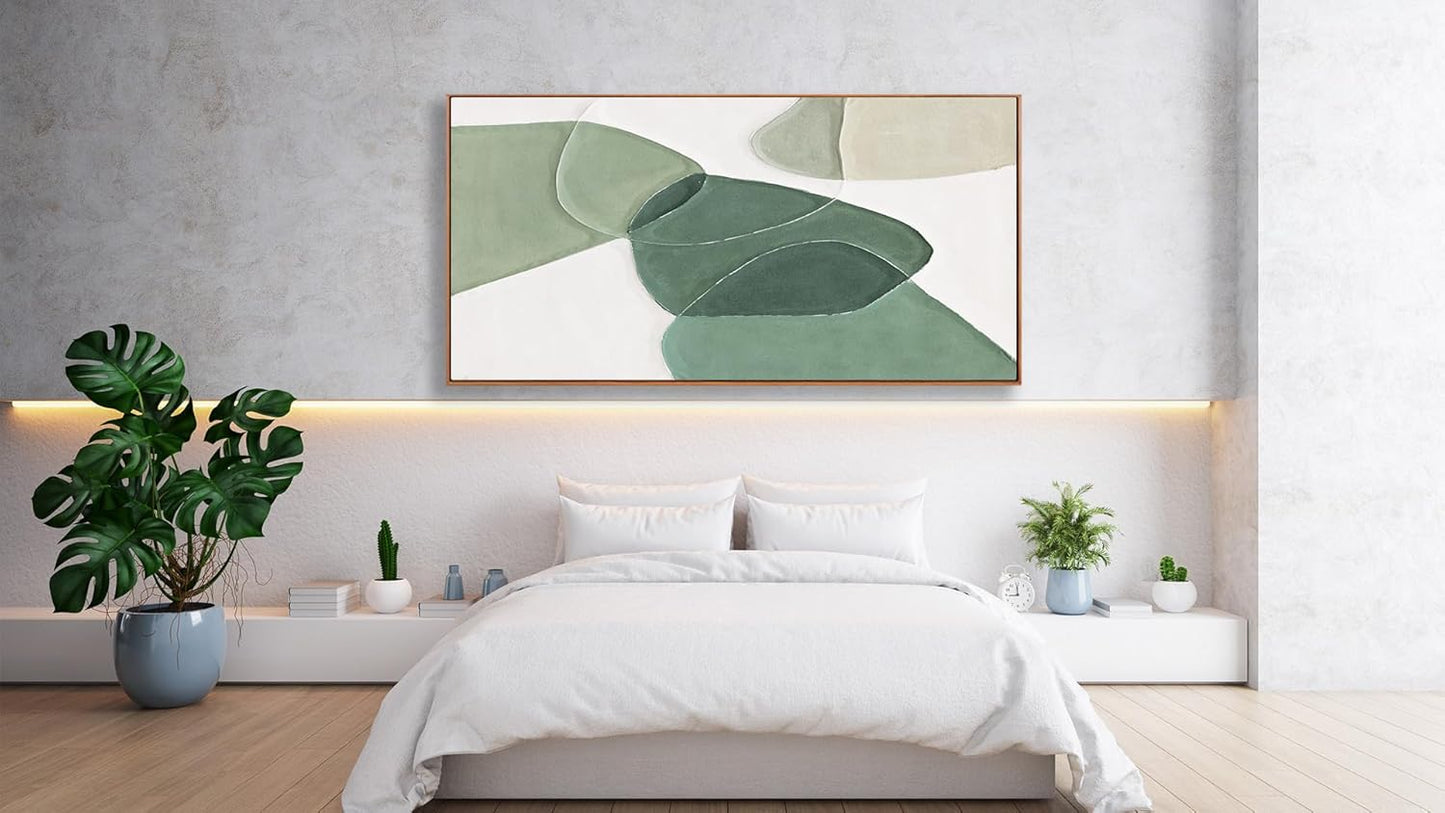 Framed Wall Art Canvas Artwork Green And White Geometric Color Block Line Art Canvas Paintings Wall Decor Modern Home Bedroom Art Office Decor 20"X 40" Framed Ready To Hang