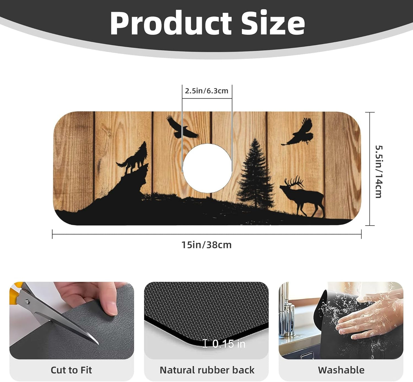 Retro Rustic Wolf Deer Forest Brown Wood Dish Drying Mat for Kitchen Counter, 18"x24" Microfiber Absorbent Fast Dry Mat, 2Pcs Dish Mat Faucet Mats Sets, Large Drying Kitchen Mat Kitchen Drying Pad