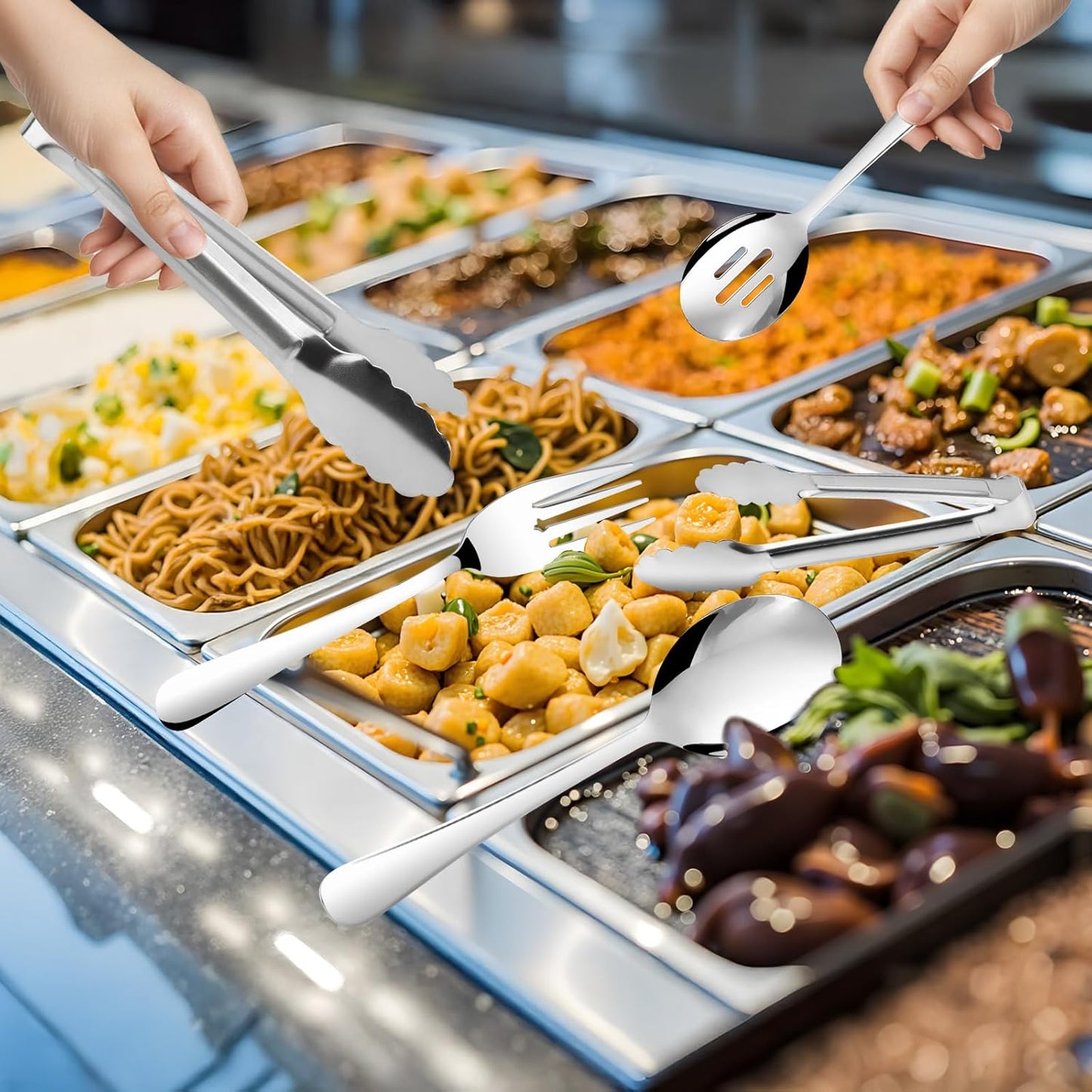 14PCS Serving Utensils - Hostess Serving Utensils Set, Premium Stainless Steel 8.7 inch Serving Utensils, Slotted Spoons, Fork, Tongs, Cake Pie Server for Buffet, Wedding, Dinner (Silver)