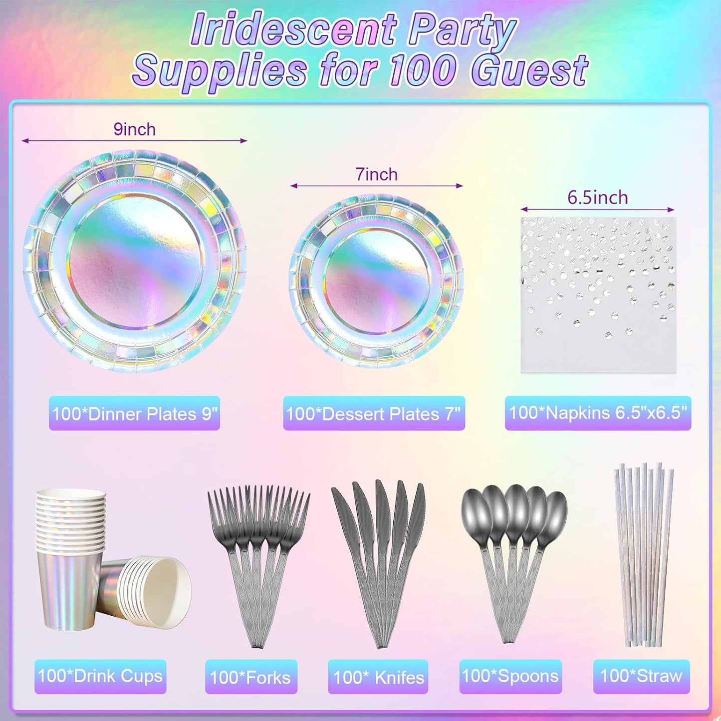 Iridescent Paper Plates and Napkins Set, Disposable Iridescent Paper Plates Cups Knives Spoons Fork Straw for Mermaid Birthday Wedding Party, Serve 100