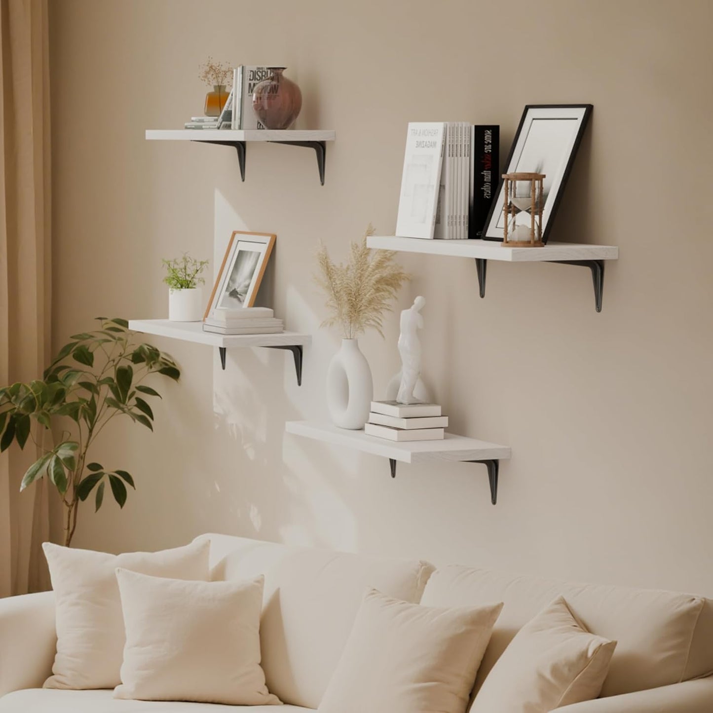 SKYSEN Floating Shelves for Wall Set of 6, 15.7in Wood Wall Shelf for Decor, Bathroom, Bedroom, Storage, Book,Kitchen, Living Room - White(fs-40-w)